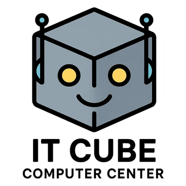 A cube with a robot face in gray-blue color for IT CUBE Computer Center sticker