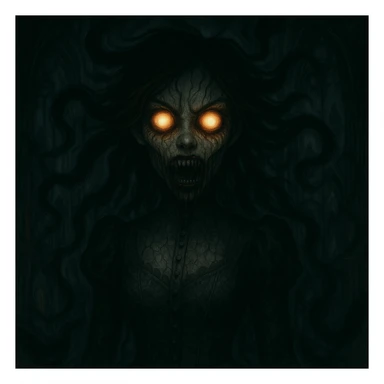 Make the beautiful scary girl even scarier with extreme supernatural horror features, more disturbing and haunting, while keeping her gothic beauty. Enhance the supernatural and horror elements to create a deeply unsettling and haunting atmosphere. sticker