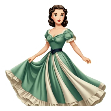 Icon for Romance Movie: A vintage movie poster-style design inspired by Gone with the Wind. Include romantic, sweeping imagery like Scarlett O'Hara in a flowing dress, Rhett Butler, a plantation backdrop, and fluttering wind-blown fabric. Soft, nostalgic cinematic feel. Transparent background. sticker