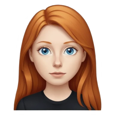Ginger head woman with long hair and lightblue eyes, straight nose, almond eyes, black shirt,  sticker