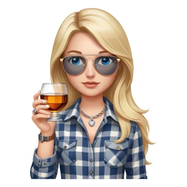 girl with long blond hair, wearing grey/white plaid shirt, with blue eyes and aviator sunglasses, wearing a ring on her silver necklace around her neck, holding a glass of whiskey, wearing rose gold apple watch sticker