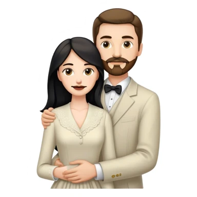 married couple portrait, tall white man with brown hair goatee mustache embracing a pale woman with long black hair, wearing formal clothing sticker