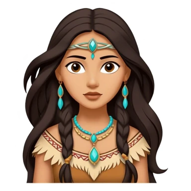 Cinematic Elegant Pocahontas Portrait Emoji, rendered in a realistic, vector-style with minimal shading and bold, simplified shapes. Depict Pocahontas (chest and above) with warm, sun-kissed skin, long, flowing dark hair, and gentle, wise eyes, wearing traditional attire in earthy tones with hints of turquoise. The image glows with a soft, natural radiance and high shine, embodying timeless indigenous beauty. sticker