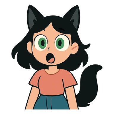a surprised girl with huge green eyes, black fox ears, and a tail, dark hair sticker