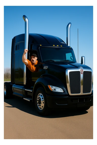 Make the scene much brighter with vivid lighting and clear details, while keeping the 2026 Kenworth W680 black sleeper semi, angry bald man in orange shirt, glasses, and baseball cap arm pumping out the window unchanged. Enhance brightness and clarity but preserve all original elements exactly as they are. sticker
