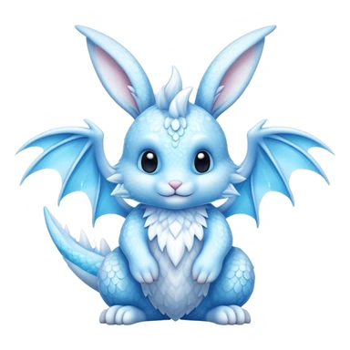 A cute bunny-dragon hybrid creature with ice crystals, rabbit ears, dragon wings and tail made of ice sticker