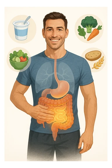 a fit, smiling man stands confidently with one hand on his abdomen. A transparent overlay reveals a healthy, detailed digestive tract with a glowing, vibrant intestine. Around him, icons of healthy foods like yogurt, vegetables, and whole grains float, symbolizing good gut health. The background is clean and bright, with an educational mood. sticker
