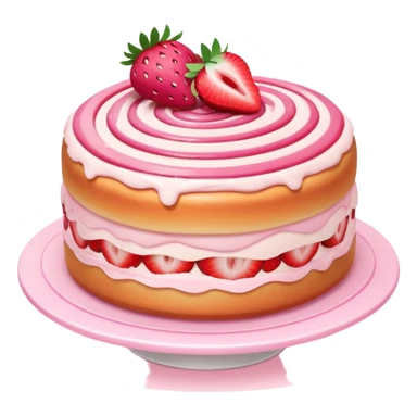 A fluffy strawberry cream roll cake with pink swirl and sliced strawberries on top, soft lighting, kawaii dessert style sticker