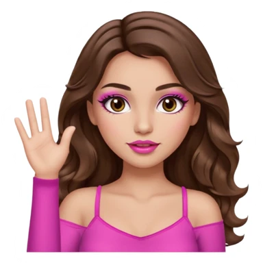 girl with long wavy brown hair, brown eyes, long lashes makeup, sexy pink lips, light to medium complexion, wearing a pink sexy top, one hand in the air high sticker