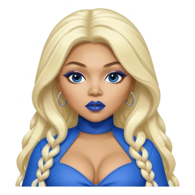 Lil Kim with long platinum blonde hair, blue lip and outfit sticker