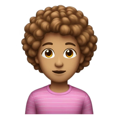 a human with brownpuffy  hair, a blue shirt with two pink stripes on it black pants and eyes-closed and mouth straight sticker