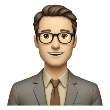 Full height Pale skinned Fit Man With dark brown hair in gray classic jacket, beige office shirt, Brown pants and vintage glasses. Thrumbs of his palms upwards sticker
