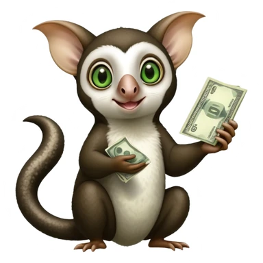 Black and white Flying lemur with big ears pointing up and green eyes named momo with money sticker