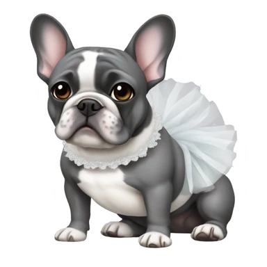 A grey and white French bulldog wearing a tutu sticker