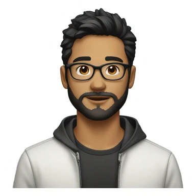 A beautiful  young man with black and medium hair and white skin and beard, wearing round glasses and jacket sticker