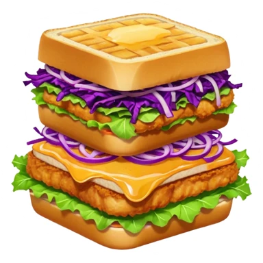 Burning hot, spicy,  stacked chicken sandwich — two thick golden toast slices, a crispy breaded chicken fillet, green lettuce, and purple cabbage slaw, with glossy dark sauce dripping down the sides. sticker