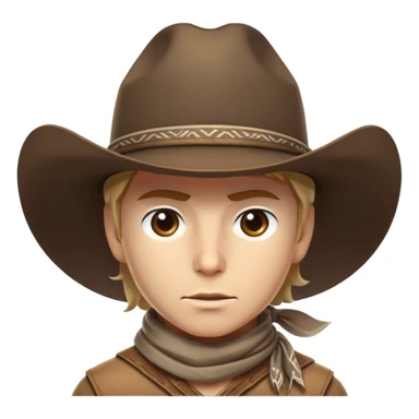 Clash of Clans aesthetic friendly Cowboy Portrait Emoji, With a rugged yet stylized build wearing a classic wide-brimmed hat and bandana, his face rendered in a natural skin tone (not yellow), determined eyes and a steely gaze, Simplified yet dynamic features, highly detailed, glowing with a warm, sunlit frontier radiance, high shine, brave and spirited, stylized with an air of Wild West heroism, focused and ready, soft glowing outline, capturing the essence of a fearless cowboy adventurer ready to ride into epic quests! sticker