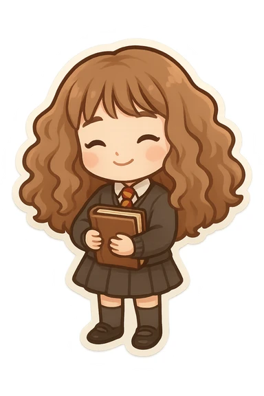 cute chibi character inspired by Hermione Granger with voluminous brown hair, wearing Hogwarts uniform including sweater, tie, skirt, socks, and shoes, holding a book, transparent background sticker