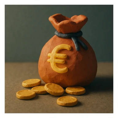 claymation style money bag with euro symbol, slight glow, coins spilling out, simple background sticker