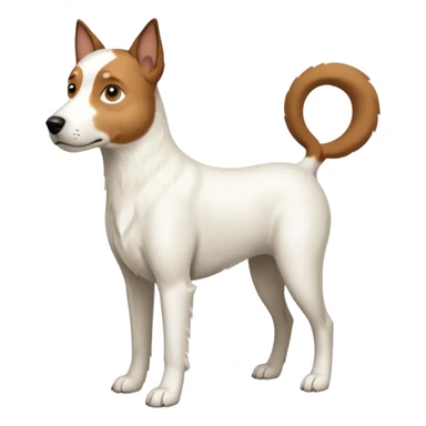 a full body large white parson russell looking dog the size of a kelpie with light brown flopped down ears and a light brown patch on one eye and a large snout sticker