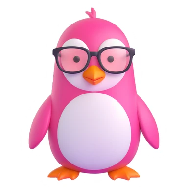 pink penguin with a genius girl vibe, wearing glasses, looking clever and confident, cute and expressive sticker