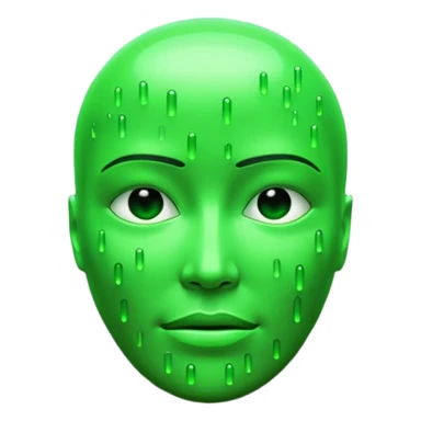 Emoji inspired by The Matrix film, glowing green terminal code forming a face, digital rain backdrop, hacker cyberpunk aesthetic, high contrast black and green, cinematic sci-fi lighting, ultra-sharp 3D. sticker