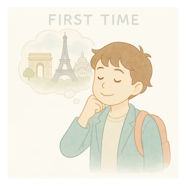 Edit the image of the guy to show him daydreaming about his next trip to Paris. Add a dreamy thought bubble above his head containing iconic Paris landmarks like the Eiffel Tower. Maintain the same soft watercolor illustration style with pastel colors, delicate linework, a gentle, whimsical mood, anime-inspired features, and minimal, soft shading. sticker