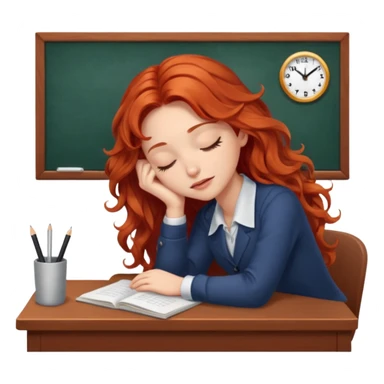 Pretty white model, brown eyes, soft long red wavy hair, falling asleep at desk sticker