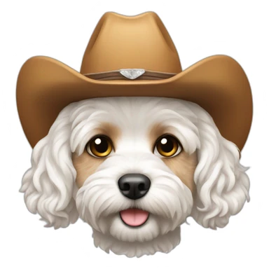 White cavapoo with a cowboy hat sticker