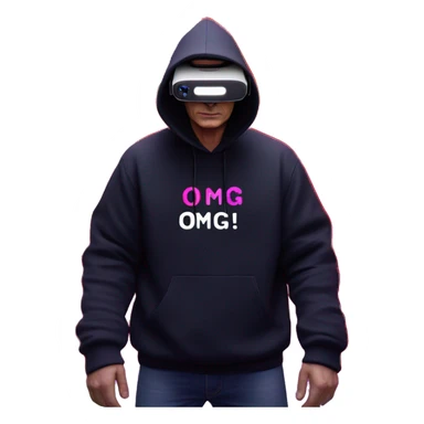 Vladimir Putin wearing a black hoodie with "OMG" letters on it and VR headset oculus quest 2 in a cyberpunk VR environment with violet neon lighting. sticker