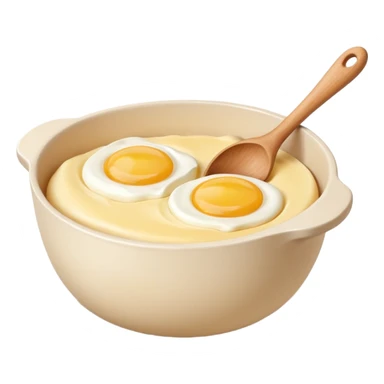 A carton of eggs, butter and a cream ceramic baking bowl with a wooden spoon in it sticker