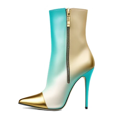 Hyper Realistic isolated top view of a pair of tiffany blue ,cream,and gold ombre Jimmy Choo zippered peppe toe Stiletto Heel ankle bootie boots. sticker