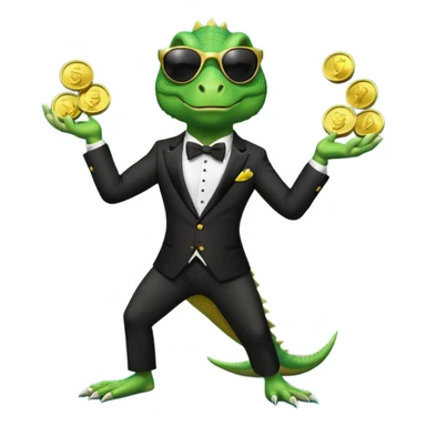 capitalist iguana banker in tuxedo and black sunglasses jongling with coins sticker
