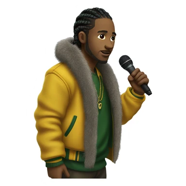 Side profile of a hip hop artist with braids. He has an arm extended down, holding a mic. He's wearing a very dark green jacket. The jacket has a furry yellow mustard collar.  sticker