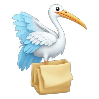 stork carrying a light blue bundle of cloth in its beak that has a human baby with dark hair and the baby face and head is peeking from the cloths bundle the strok is carrying with its beak sticker