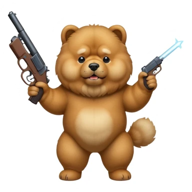 Funny realistic-style chow chow dog with light fur standing on its hind legs and holding a gun menacingly sticker