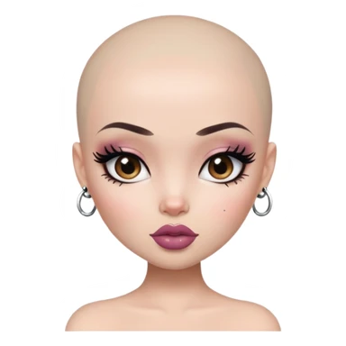 bald, pretty lips, pale tattoed skin,  dark brown eyes, pretty bratz baddie, black eyeliner sticker