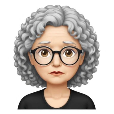 bà lão 60 tuổi, da trắng, đeo kính màu đen, tóc ngắn, xoăn, màu bạc, mặt buồn, áo màu đen, nửa thân trên sticker