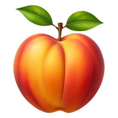 whole nectarine, ripe, smooth glossy skin, red, orange, golden yellow gradients, round, slightly heart-shaped, no fuzz, natural highlight, optional green leaf at stem, subtle mottling, no blemishes, 3D, clean, minimal, soft shadows, transparent background, emoji scale sticker