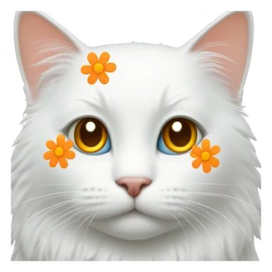 white cat with orange patches wearing a daisy sticker