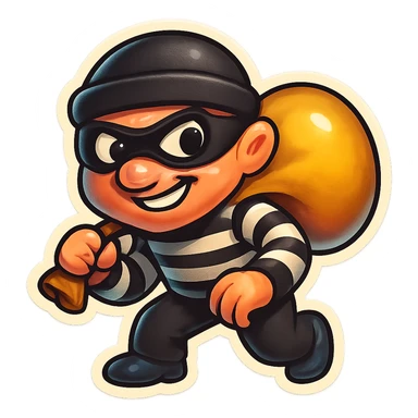 thief emoji in a striped black and white suit, holding a sack, mischievous look sticker