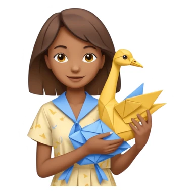 happy-african-young-girl-with-brown-hair-in-a-white-vintage-kanga-shirt-holds-an-origami-yellow-and-blue-crane sticker