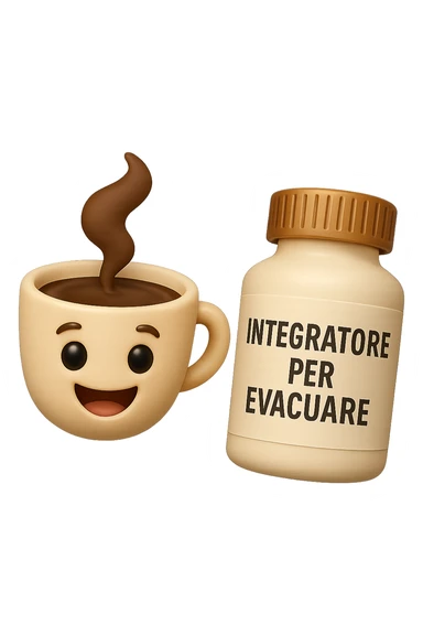 EMOJI STILE IPHONE 3D DI un caffè e di una boccetta di integratore con la scritta "INTEGRATORE PER EVACUARE" SULL'ETICHETTA CHE FLUTTUANO IN ARIA, iperrealistico 4k sticker