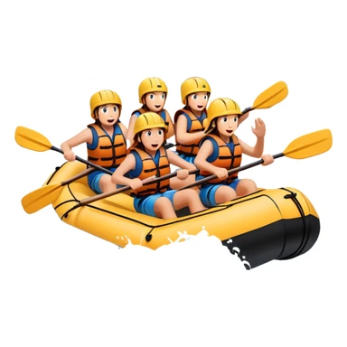 A group of adventurers paddling a raft through wild, fast-moving river rapids. The scene includes splashing water, rugged rocks, and intense action, emphasizing the excitement and teamwork of rafting in challenging conditions. sticker