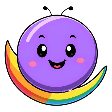 planet with rainbow polka dots all over its surface and a big grinning face sticker