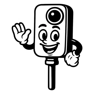 Remove the background, keep the smiling simple and bold cartoon Insta360 camera on a stick character, transparent background, maintaining a simple and bold cartoon style. sticker
