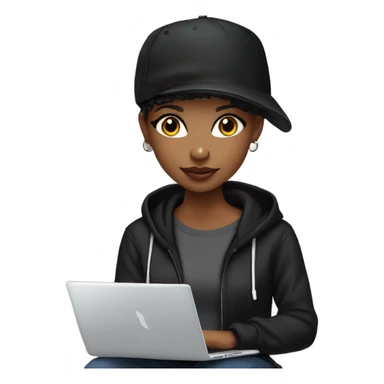 pretty african american girl with black baseball hat and black sweatshirt hoodie pixie cut with laptop sticker