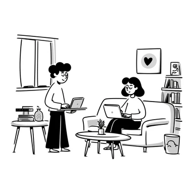 escenary 3d of a cozy mid-century living room with two people working on laptops, one man standing at a desk and one woman sitting on a couch, two walls and floor visible sticker