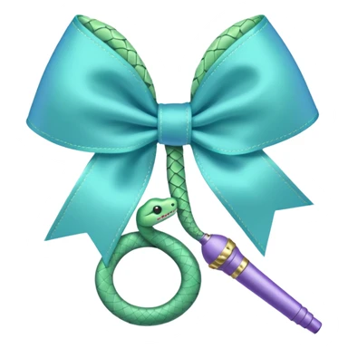 A pastel blue bow with a pastel a pastel green snake at the top of one side and a pastel purple microphone on the bottom of the other side of the bow sticker