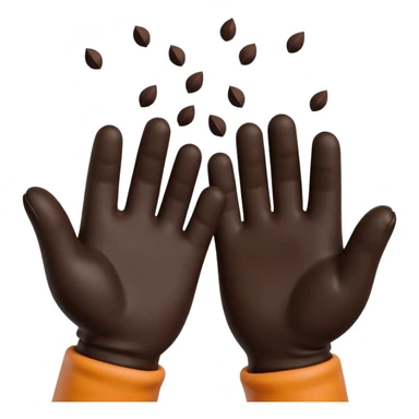 A 3D cartoon pair of gloved hands holding rich dark soil, small bits falling between fingers, bright garden background, soft light, Memoji-style realism. sticker